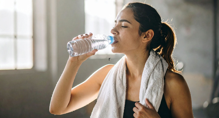 Mulher com roupa esportiva e toalha no pescoço bebe água de garrafa plástica após exercício, em ambiente interno com luz natural.